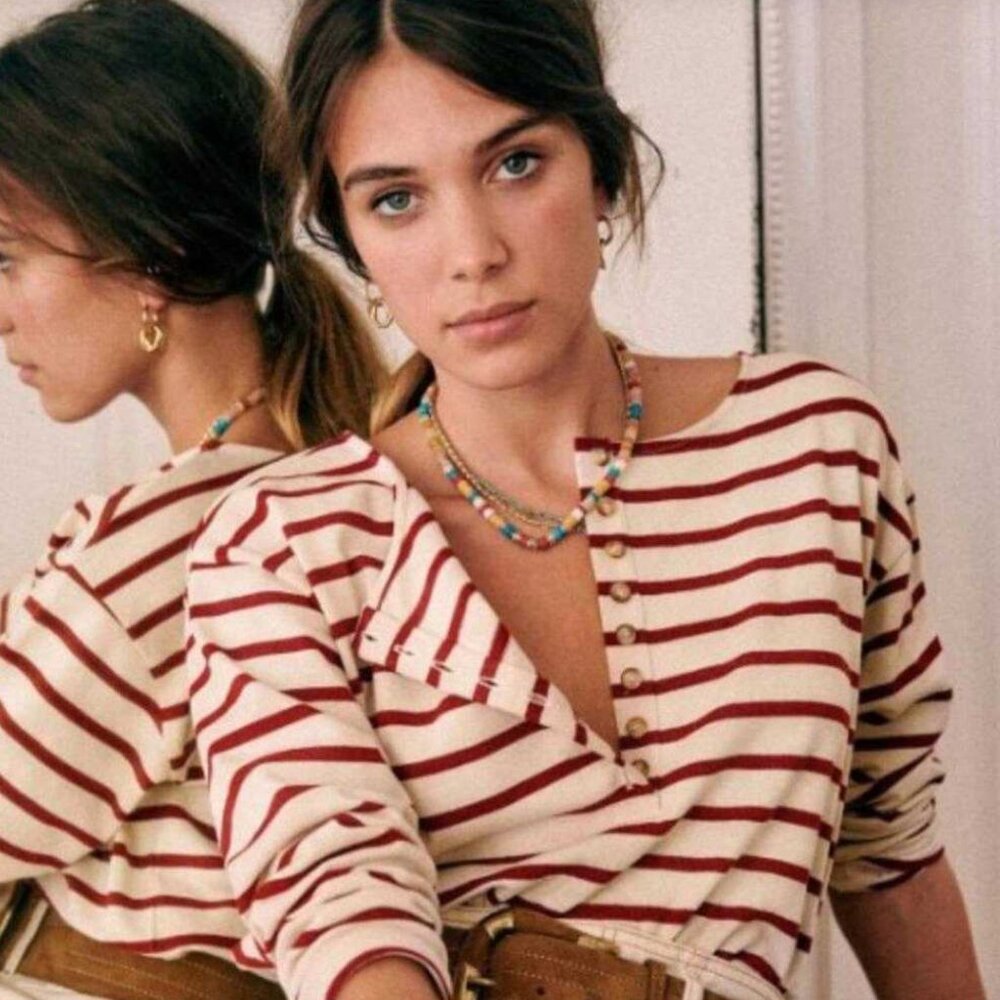 Sezane Cream and Burgundy Striped Long Sleeve Tee
